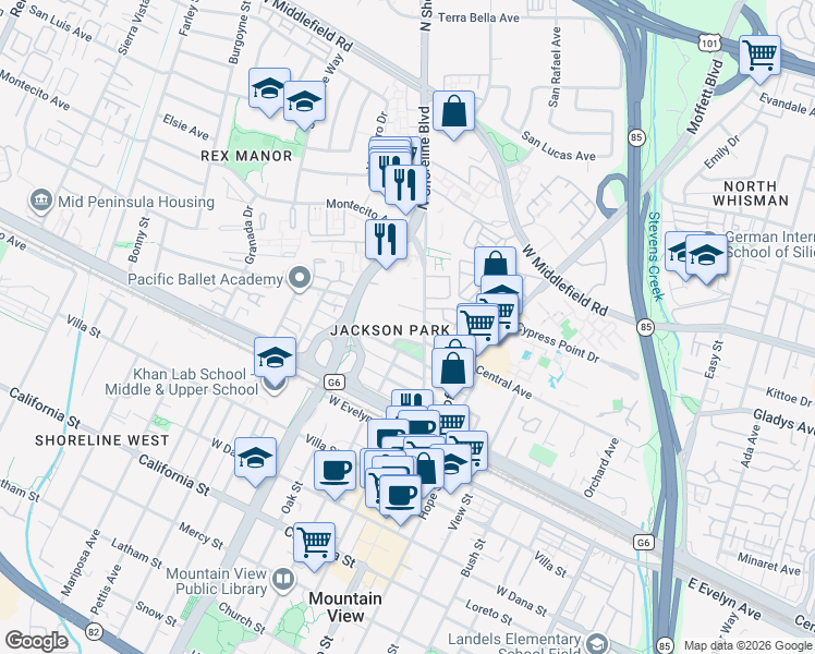 map of restaurants, bars, coffee shops, grocery stores, and more near 920 Wright Avenue in Mountain View
