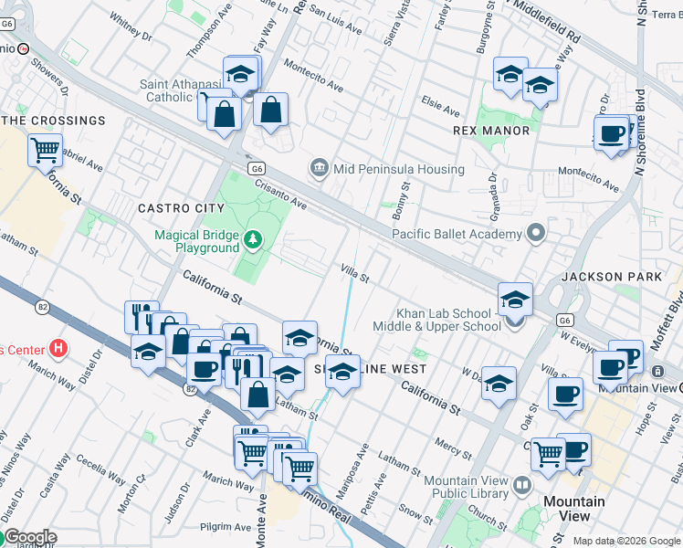 map of restaurants, bars, coffee shops, grocery stores, and more near 196 Escuela Avenue in Mountain View