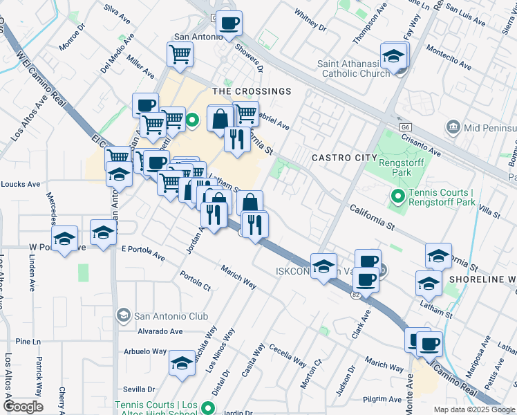 map of restaurants, bars, coffee shops, grocery stores, and more near 400a Ortega Avenue in Mountain View
