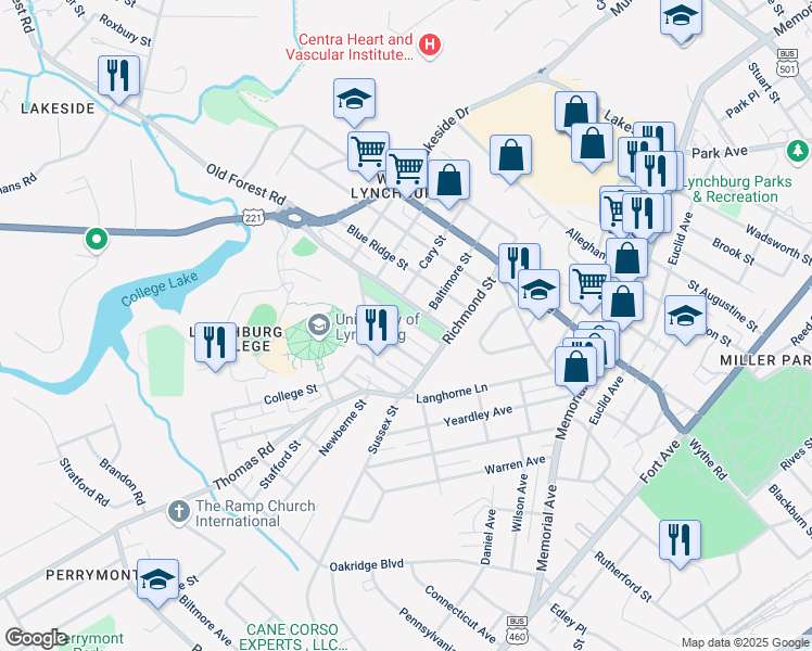map of restaurants, bars, coffee shops, grocery stores, and more near 221 Amelia Street in Lynchburg