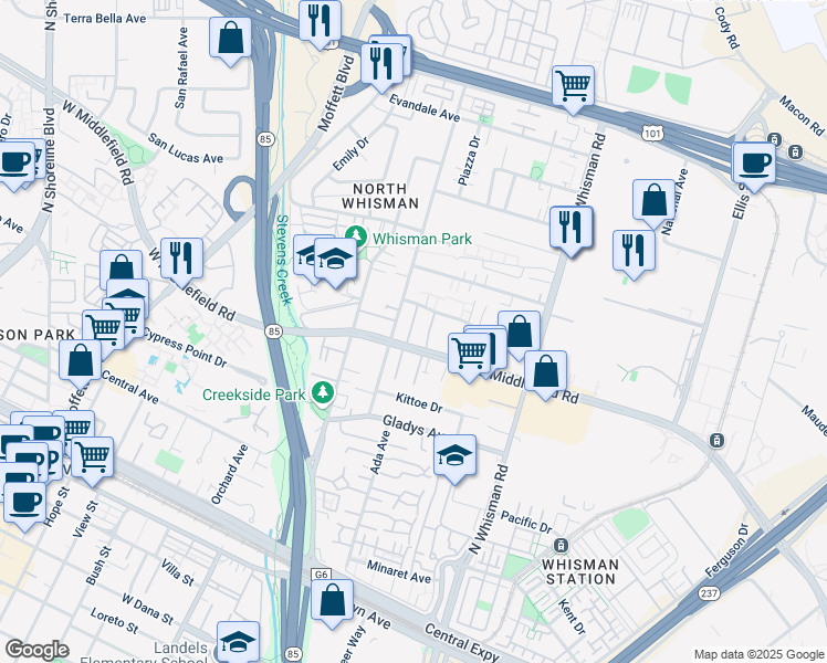 map of restaurants, bars, coffee shops, grocery stores, and more near 100 East Middlefield Road in Mountain View