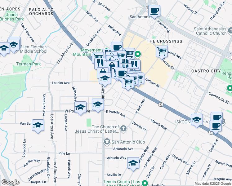 map of restaurants, bars, coffee shops, grocery stores, and more near 3003 Marcelli Circle in Los Altos