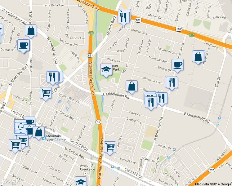 map of restaurants, bars, coffee shops, grocery stores, and more near in Mountain View