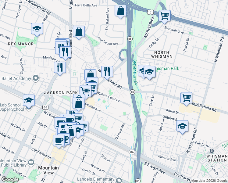 map of restaurants, bars, coffee shops, grocery stores, and more near 555 West Middlefield Road in Mountain View