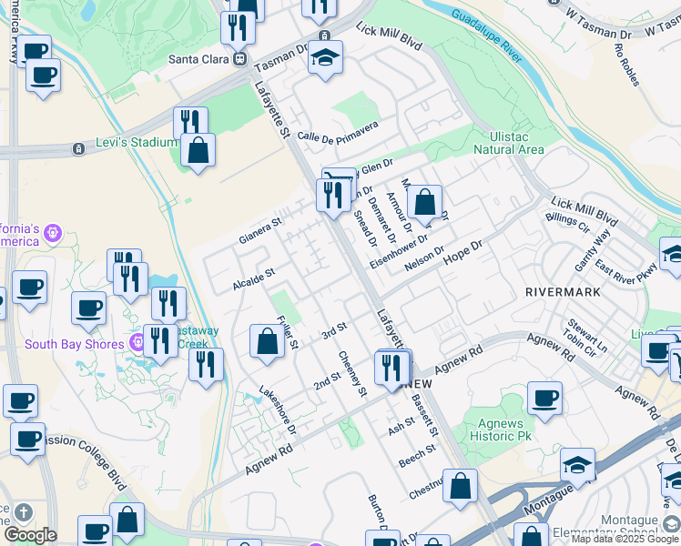 map of restaurants, bars, coffee shops, grocery stores, and more near 4666 Wilcox Avenue in Santa Clara