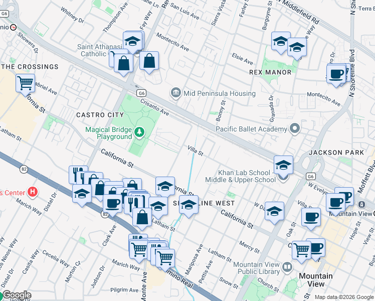 map of restaurants, bars, coffee shops, grocery stores, and more near 196 Escuela Avenue in Mountain View