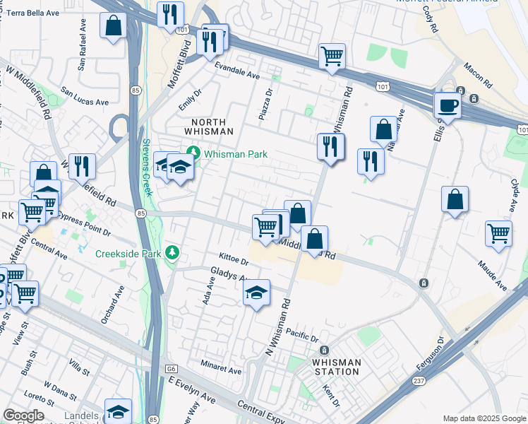 map of restaurants, bars, coffee shops, grocery stores, and more near 149 Flynn Avenue in Mountain View