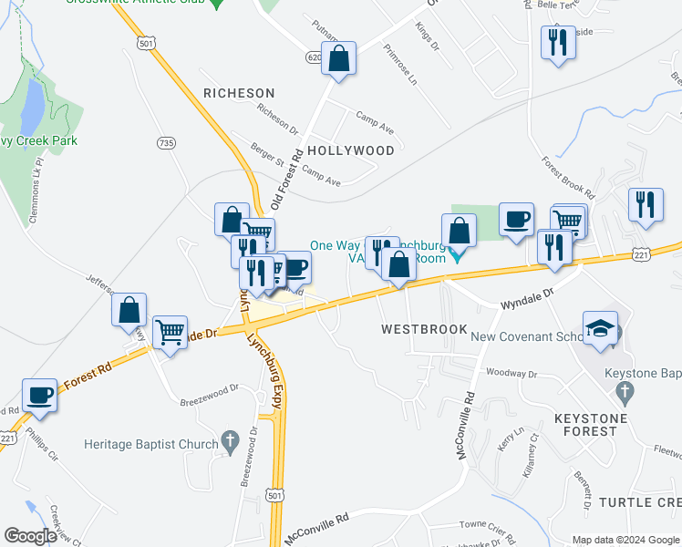 map of restaurants, bars, coffee shops, grocery stores, and more near 29 Countryplace Lane in Lynchburg