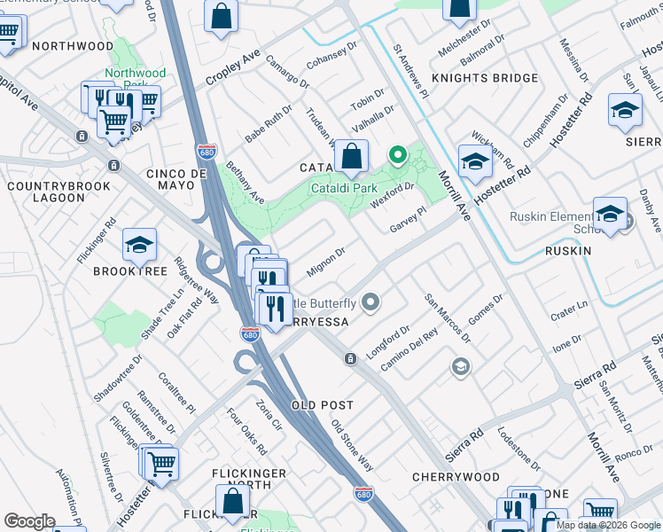 map of restaurants, bars, coffee shops, grocery stores, and more near 2717 Mignon Drive in San Jose