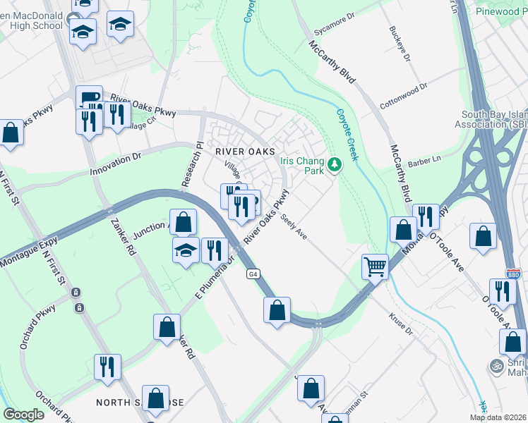 map of restaurants, bars, coffee shops, grocery stores, and more near 460 Navaro Way in San Jose