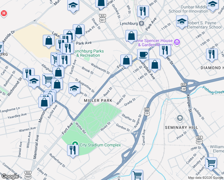 map of restaurants, bars, coffee shops, grocery stores, and more near 2325 13th Street in Lynchburg