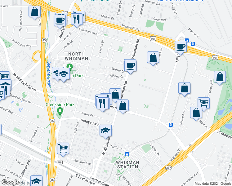 map of restaurants, bars, coffee shops, grocery stores, and more near 242 Flynn Avenue in Mountain View