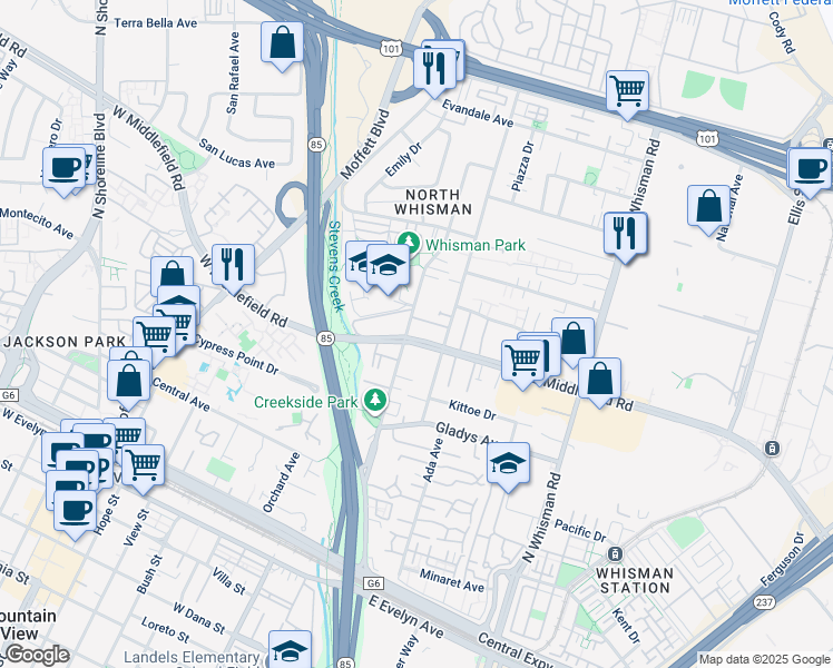 map of restaurants, bars, coffee shops, grocery stores, and more near 305 Easy Street in Mountain View