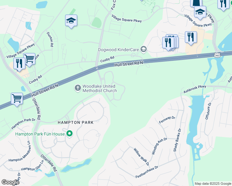 map of restaurants, bars, coffee shops, grocery stores, and more near 7500 Southwind Drive in Chesterfield