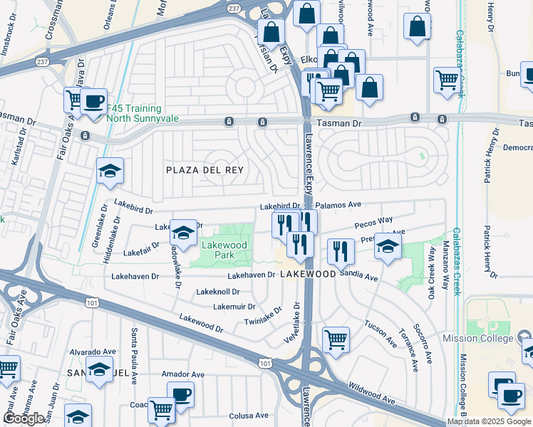 map of restaurants, bars, coffee shops, grocery stores, and more near 1189 Skylake Court in Sunnyvale