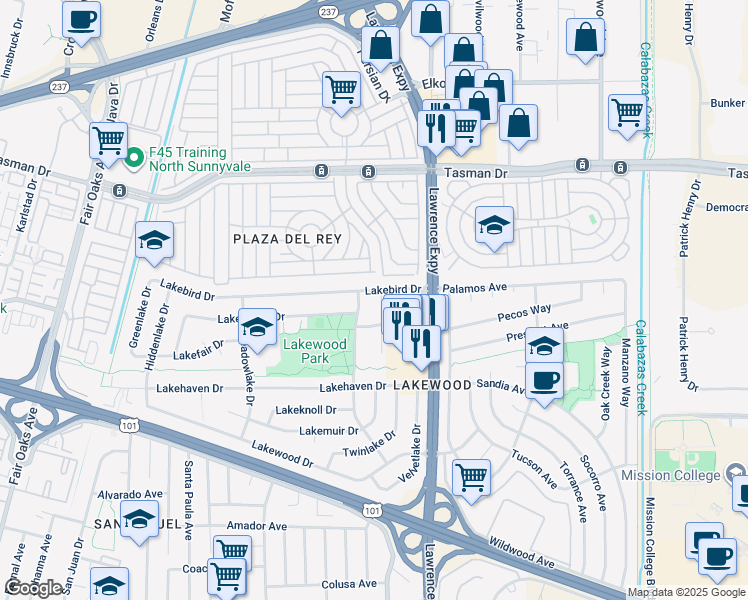 map of restaurants, bars, coffee shops, grocery stores, and more near 1189 Skylake Court in Sunnyvale