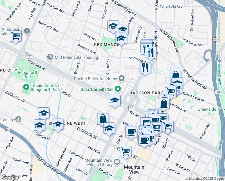 map of restaurants, bars, coffee shops, grocery stores, and more near 213 Granada Park Circle in Mountain View
