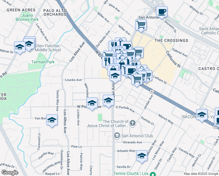 map of restaurants, bars, coffee shops, grocery stores, and more near 960 North San Antonio Road in Los Altos