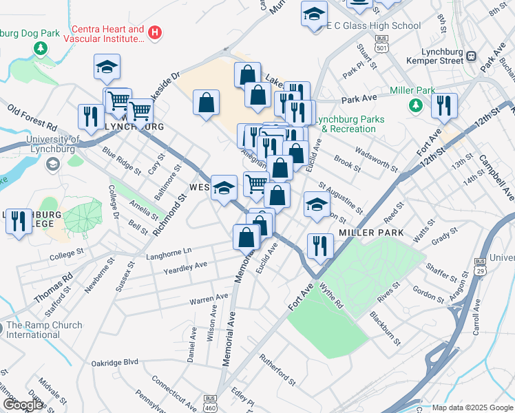 map of restaurants, bars, coffee shops, grocery stores, and more near 2909 Memorial Avenue in Lynchburg