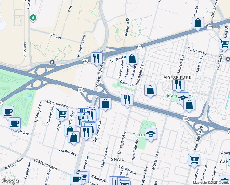 map of restaurants, bars, coffee shops, grocery stores, and more near 245 West Weddell Drive in Sunnyvale