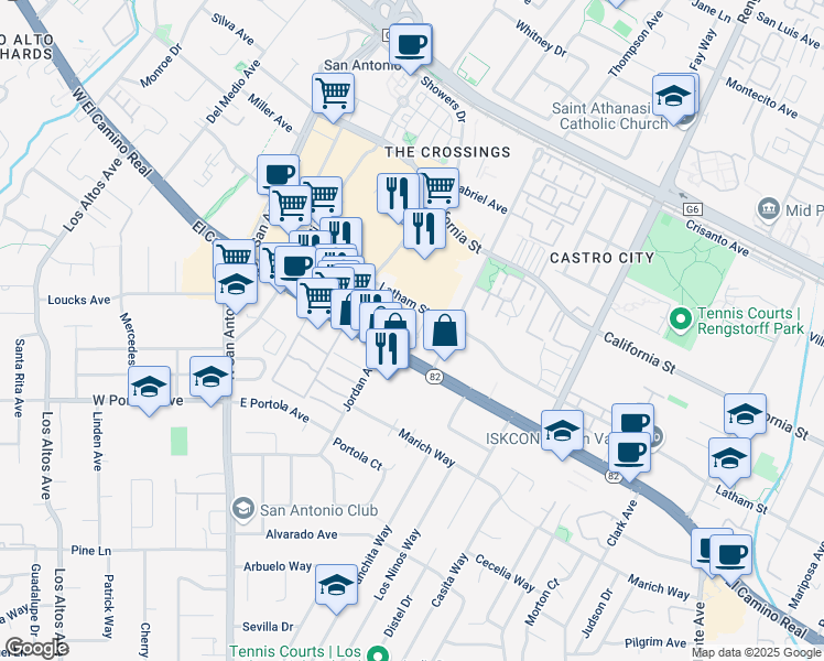 map of restaurants, bars, coffee shops, grocery stores, and more near 2440 West El Camino Real in Mountain View