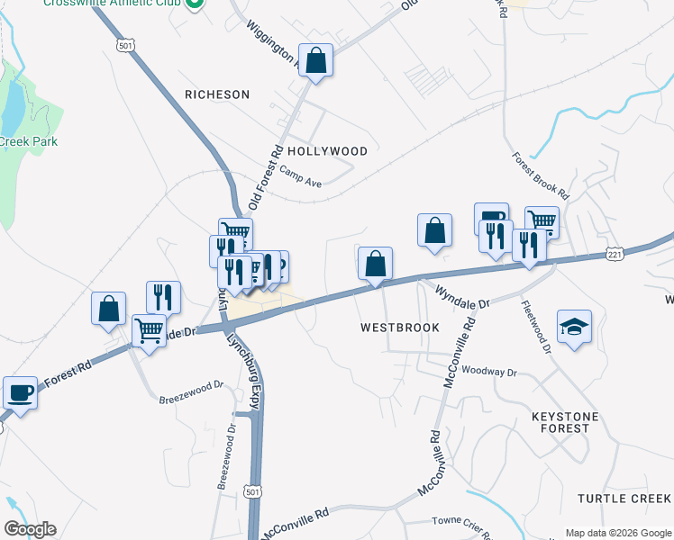 map of restaurants, bars, coffee shops, grocery stores, and more near 2328 Lakeside Drive in Lynchburg