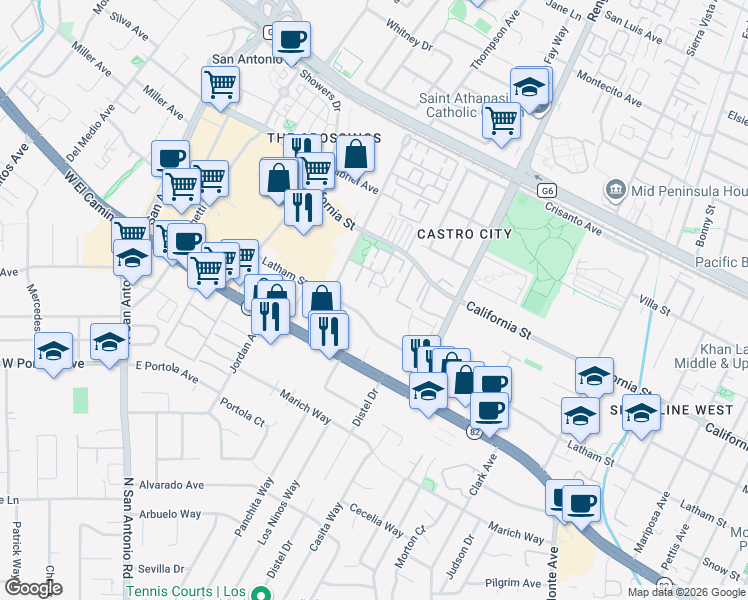 map of restaurants, bars, coffee shops, grocery stores, and more near 2250 Latham Street in Mountain View