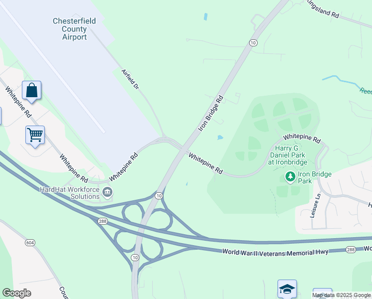map of restaurants, bars, coffee shops, grocery stores, and more near Iron Bridge Rd & Whitepine Rd in Chesterfield