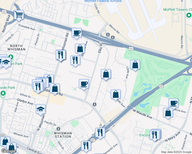map of restaurants, bars, coffee shops, grocery stores, and more near 475 Ellis Street in Mountain View