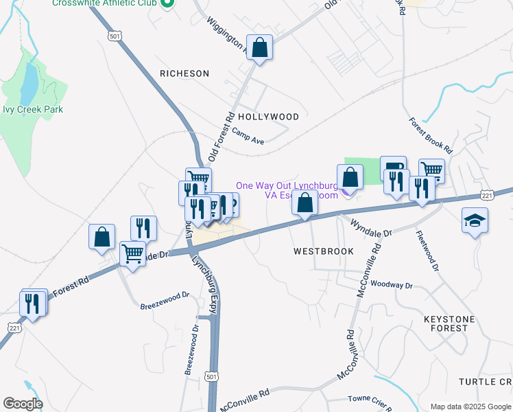 map of restaurants, bars, coffee shops, grocery stores, and more near 51 Countryplace Lane in Lynchburg