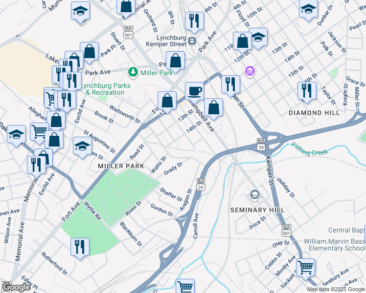 map of restaurants, bars, coffee shops, grocery stores, and more near 1424 Hendricks Avenue in Lynchburg