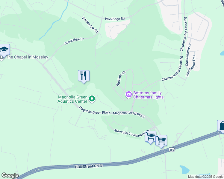 map of restaurants, bars, coffee shops, grocery stores, and more near 7649 Nicklaus Circle in Moseley