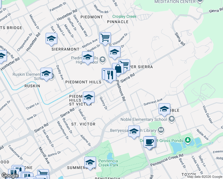 map of restaurants, bars, coffee shops, grocery stores, and more near 3281 Sierra Road in San Jose