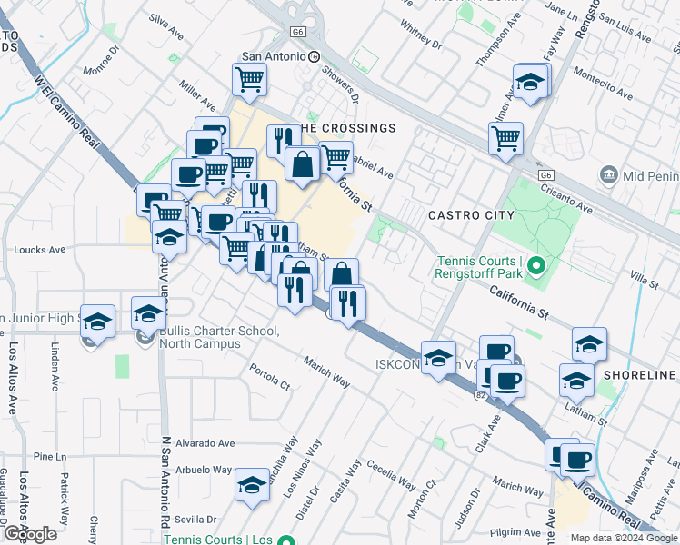 map of restaurants, bars, coffee shops, grocery stores, and more near 550 Ortega Avenue in Mountain View