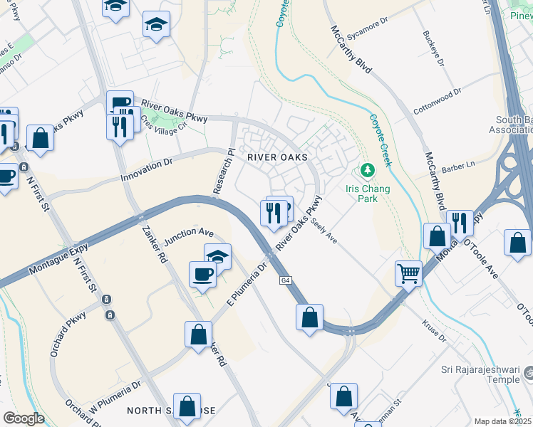 map of restaurants, bars, coffee shops, grocery stores, and more near 371 Elan Village Lane in San Jose