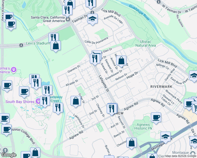 map of restaurants, bars, coffee shops, grocery stores, and more near 4666 Wilcox Avenue in Santa Clara