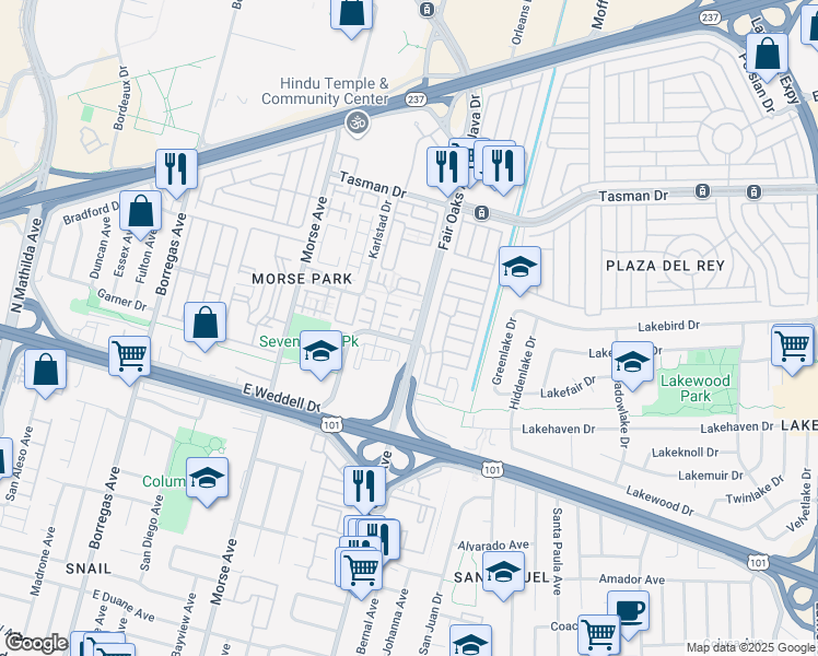 map of restaurants, bars, coffee shops, grocery stores, and more near 1033 Scotia Terrace in Sunnyvale