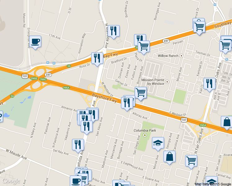 map of restaurants, bars, coffee shops, grocery stores, and more near 249 West Weddell Drive in Sunnyvale