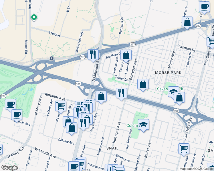 map of restaurants, bars, coffee shops, grocery stores, and more near 249 West Weddell Drive in Sunnyvale