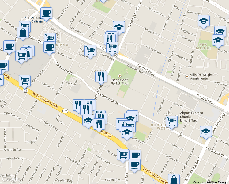 map of restaurants, bars, coffee shops, grocery stores, and more near 255 South Rengstorff Avenue in Mountain View