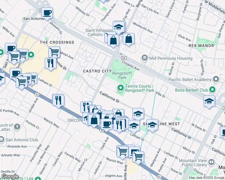 map of restaurants, bars, coffee shops, grocery stores, and more near 255 South Rengstorff Avenue in Mountain View