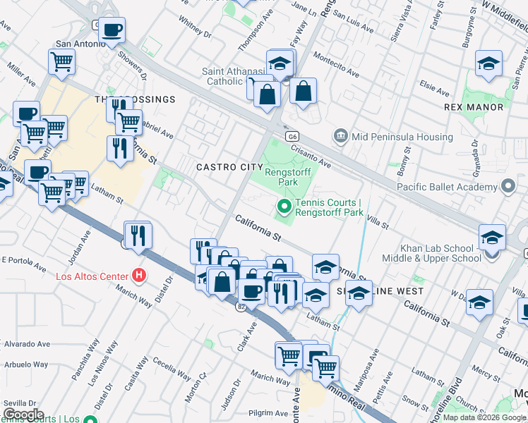 map of restaurants, bars, coffee shops, grocery stores, and more near 255 South Rengstorff Avenue in Mountain View