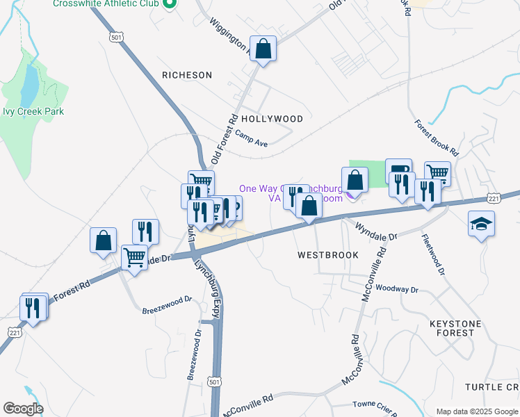 map of restaurants, bars, coffee shops, grocery stores, and more near 51 Countryplace Lane in Lynchburg