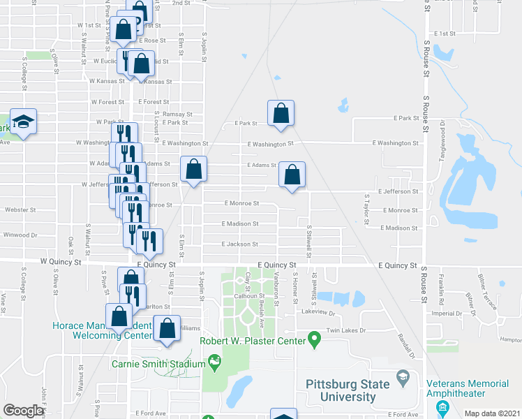 map of restaurants, bars, coffee shops, grocery stores, and more near 515 East Monroe Street in Pittsburg