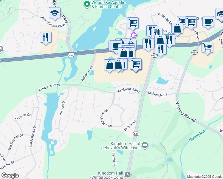 map of restaurants, bars, coffee shops, grocery stores, and more near Ashbrook Parkway in Chesterfield