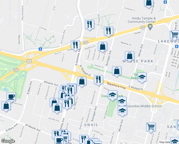 map of restaurants, bars, coffee shops, grocery stores, and more near 249 West Weddell Drive in Sunnyvale