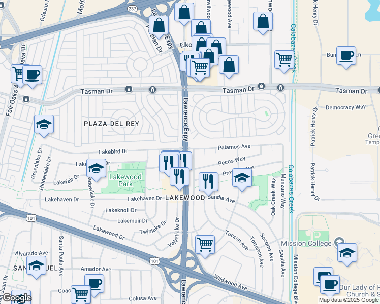 map of restaurants, bars, coffee shops, grocery stores, and more near 1199 Blazingwood Drive in Sunnyvale