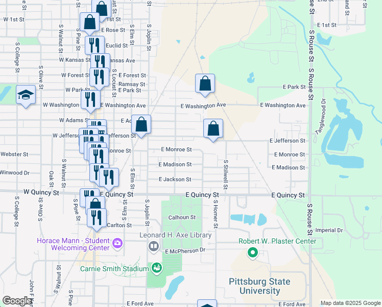 map of restaurants, bars, coffee shops, grocery stores, and more near 515 East Monroe Street in Pittsburg