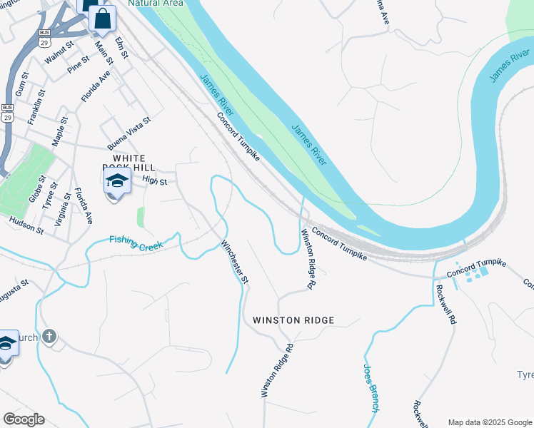map of restaurants, bars, coffee shops, grocery stores, and more near 1905 Concord Turnpike in Lynchburg