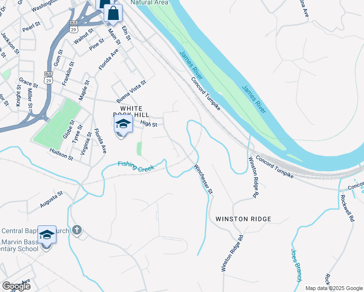 map of restaurants, bars, coffee shops, grocery stores, and more near 2905 Winchester Street in Lynchburg